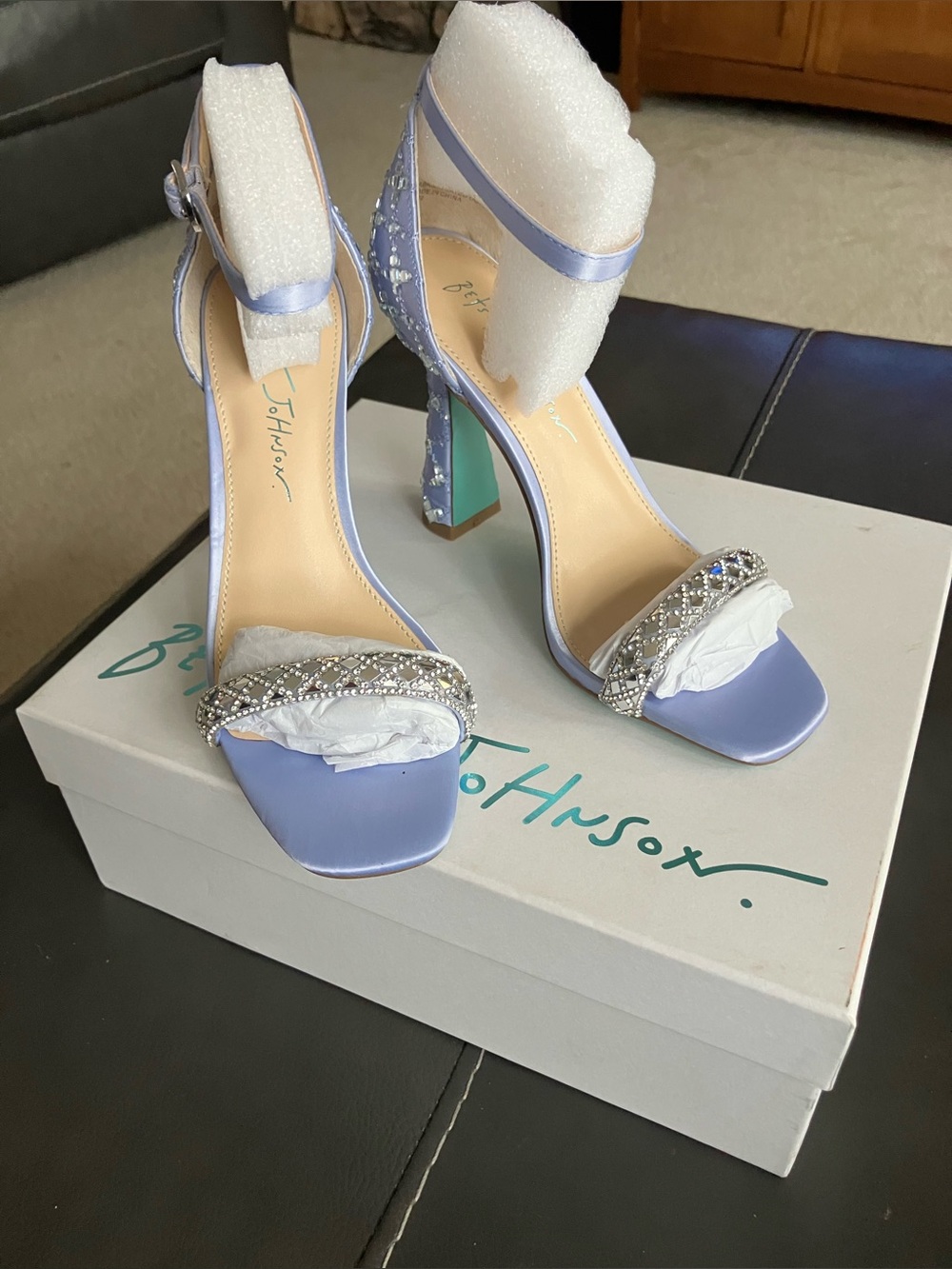 Betsey Johnson Lilac Satin Crystal Strap Block Heel Sandal Dean Lilac